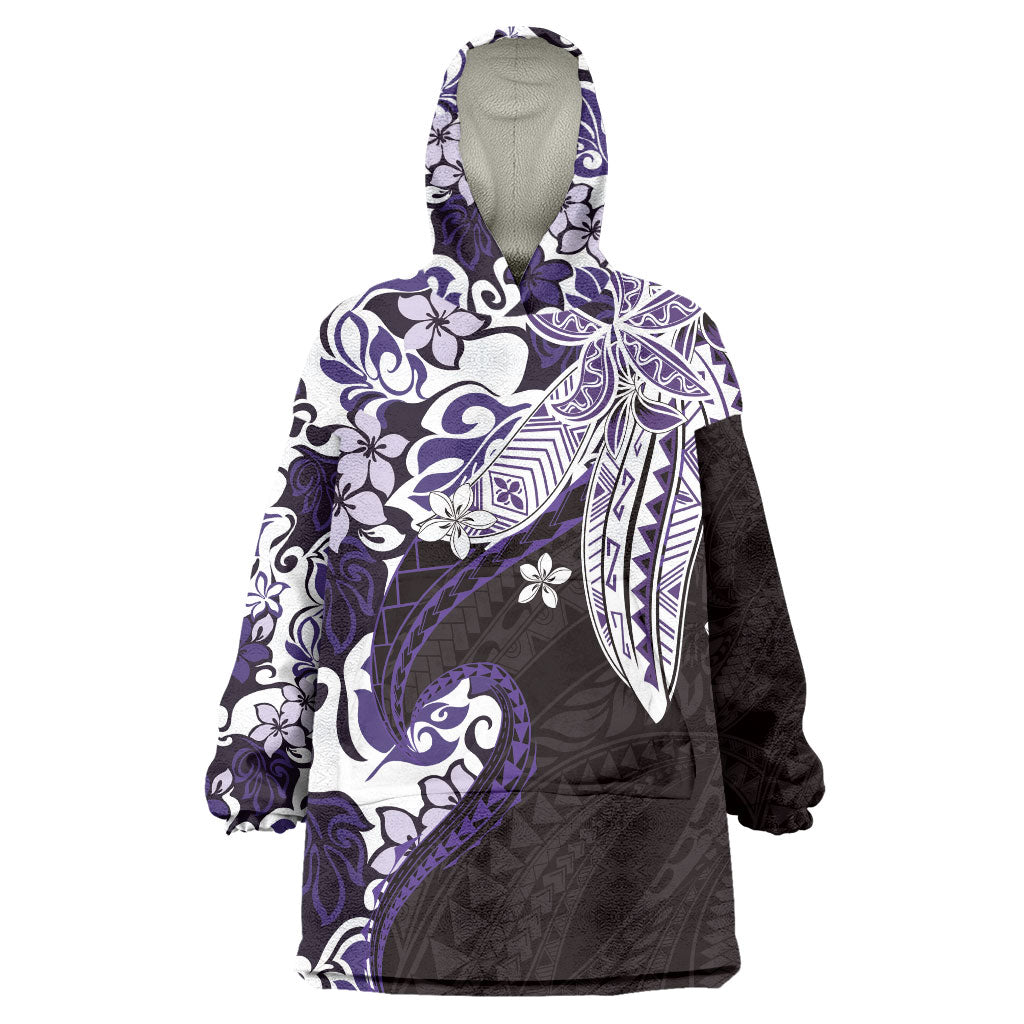 Monstera Plumeria Flowers Purple Wearable Blanket Hoodie Polynesian Pattern