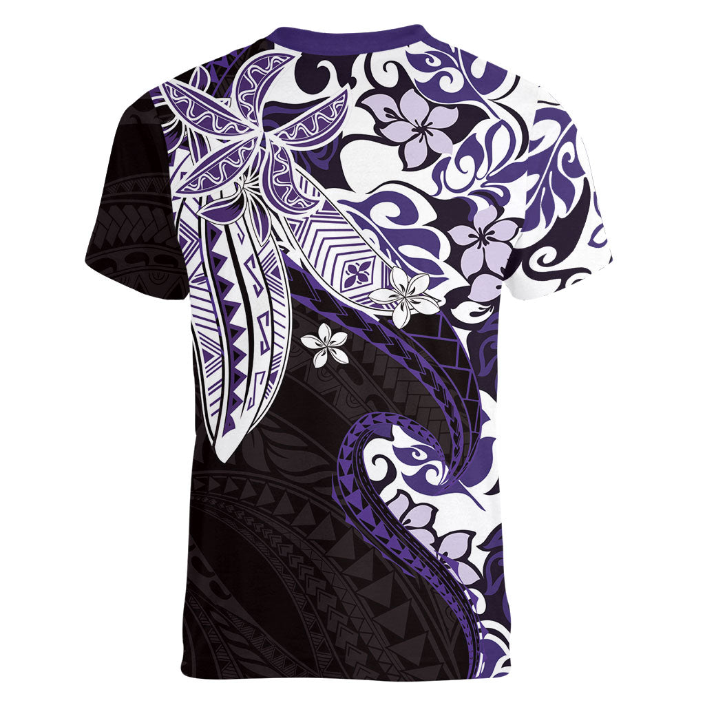 Monstera Plumeria Flowers Purple Women V-Neck T-Shirt Polynesian Pattern