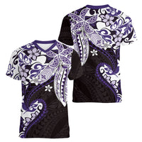 Monstera Plumeria Flowers Purple Women V-Neck T-Shirt Polynesian Pattern