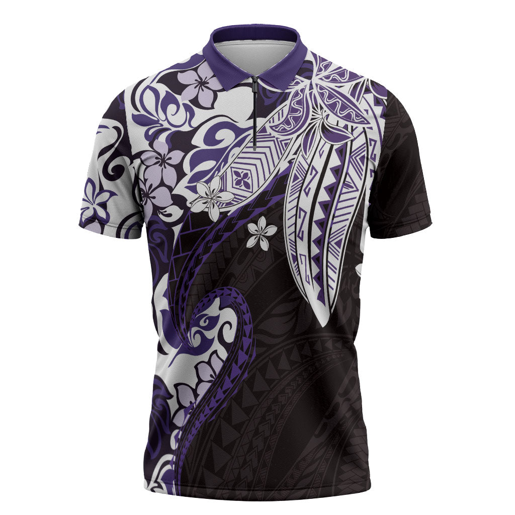 Monstera Plumeria Flowers Purple Zipper Polo Shirt Polynesian Pattern