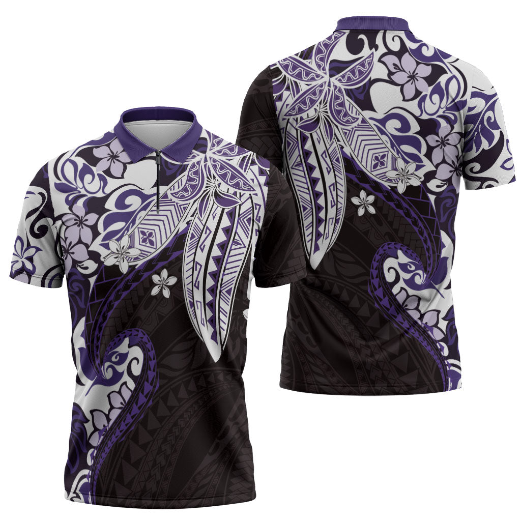 Monstera Plumeria Flowers Purple Zipper Polo Shirt Polynesian Pattern