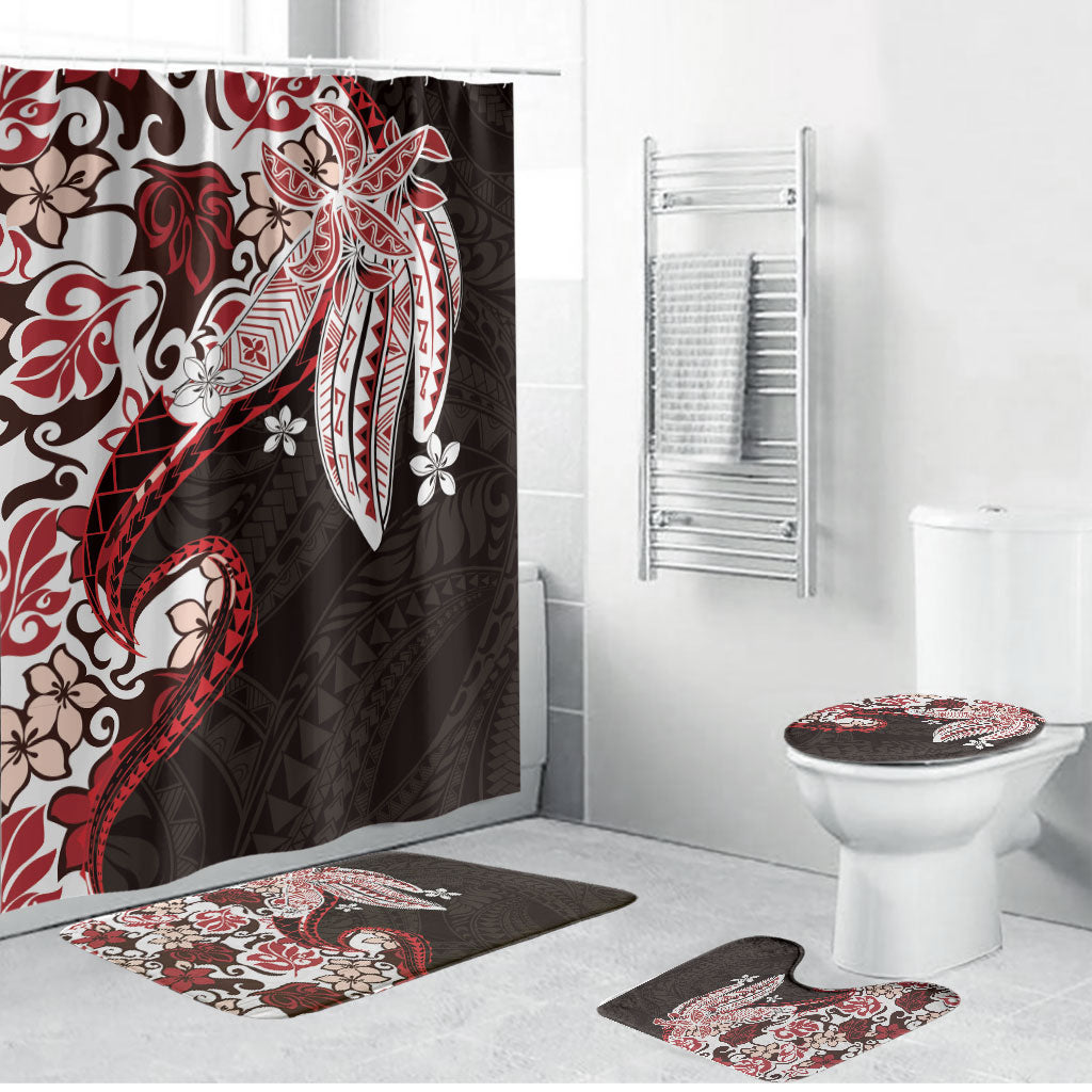 Monstera Plumeria Flowers Red Bathroom Set Polynesian Pattern