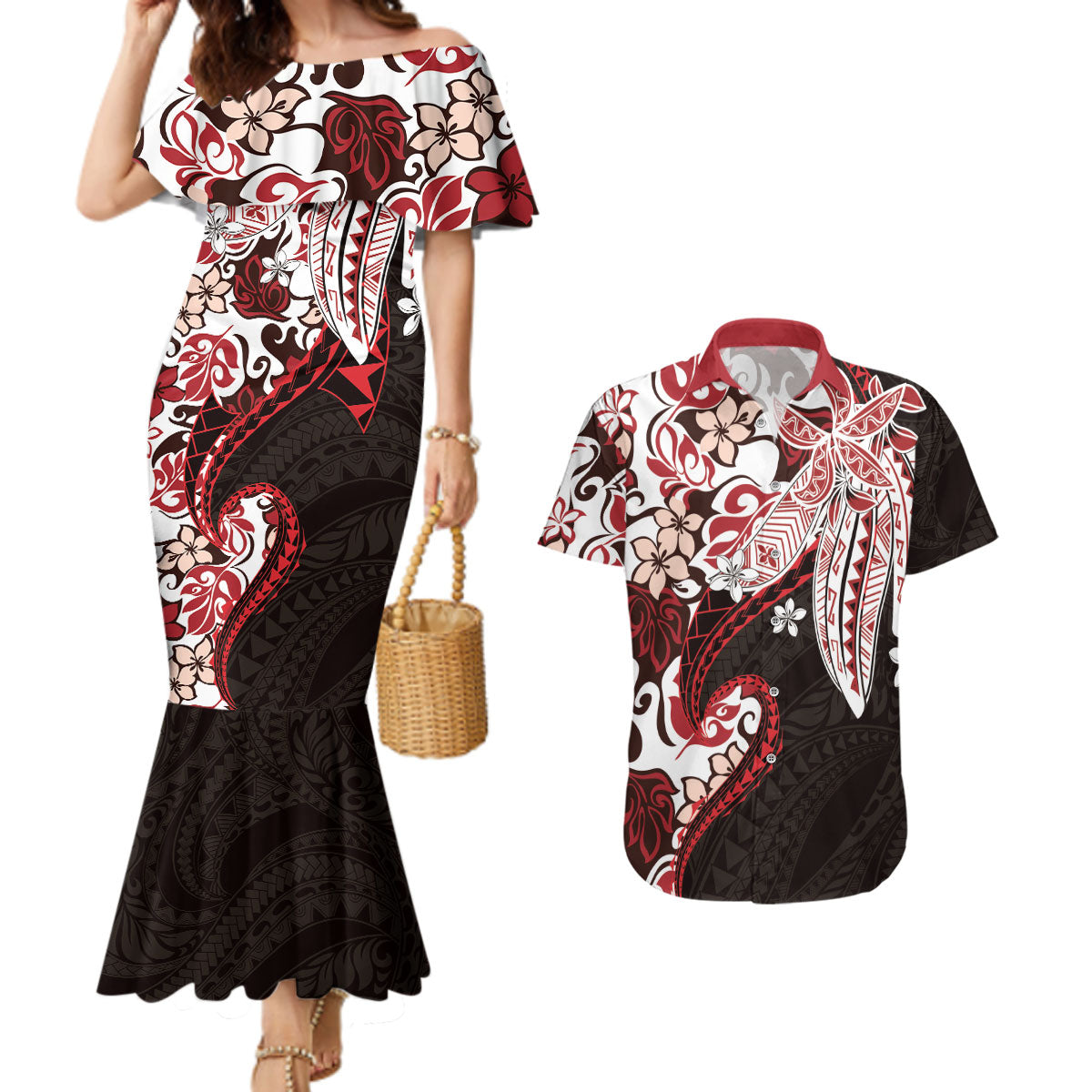Monstera Plumeria Flowers Red Couples Matching Mermaid Dress and Hawaiian Shirt Polynesian Pattern