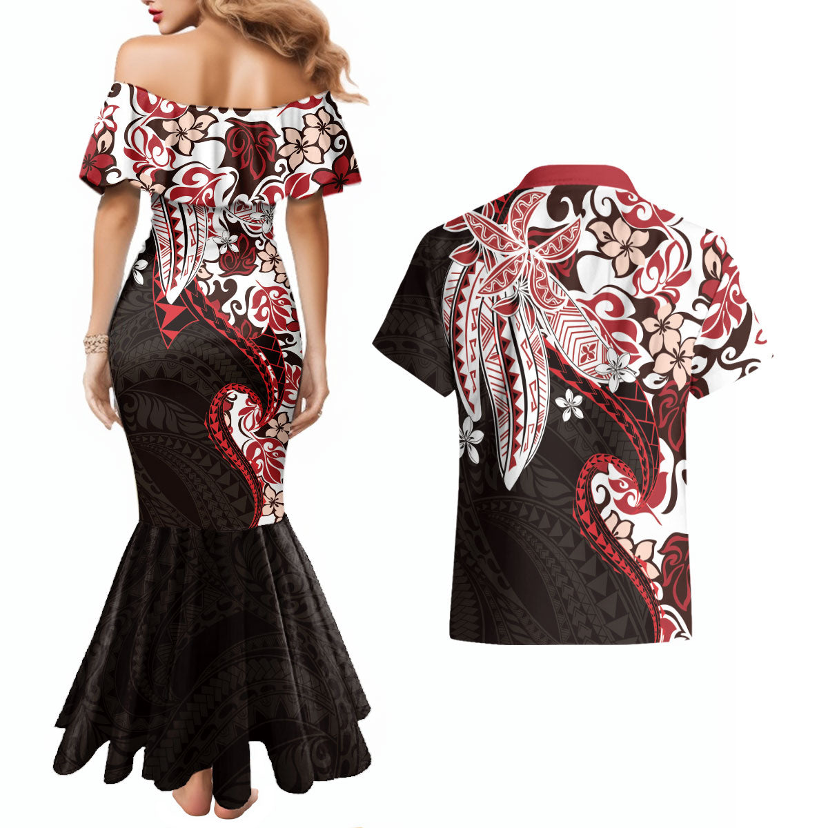 Monstera Plumeria Flowers Red Couples Matching Mermaid Dress and Hawaiian Shirt Polynesian Pattern LT01 - Polynesian Pride