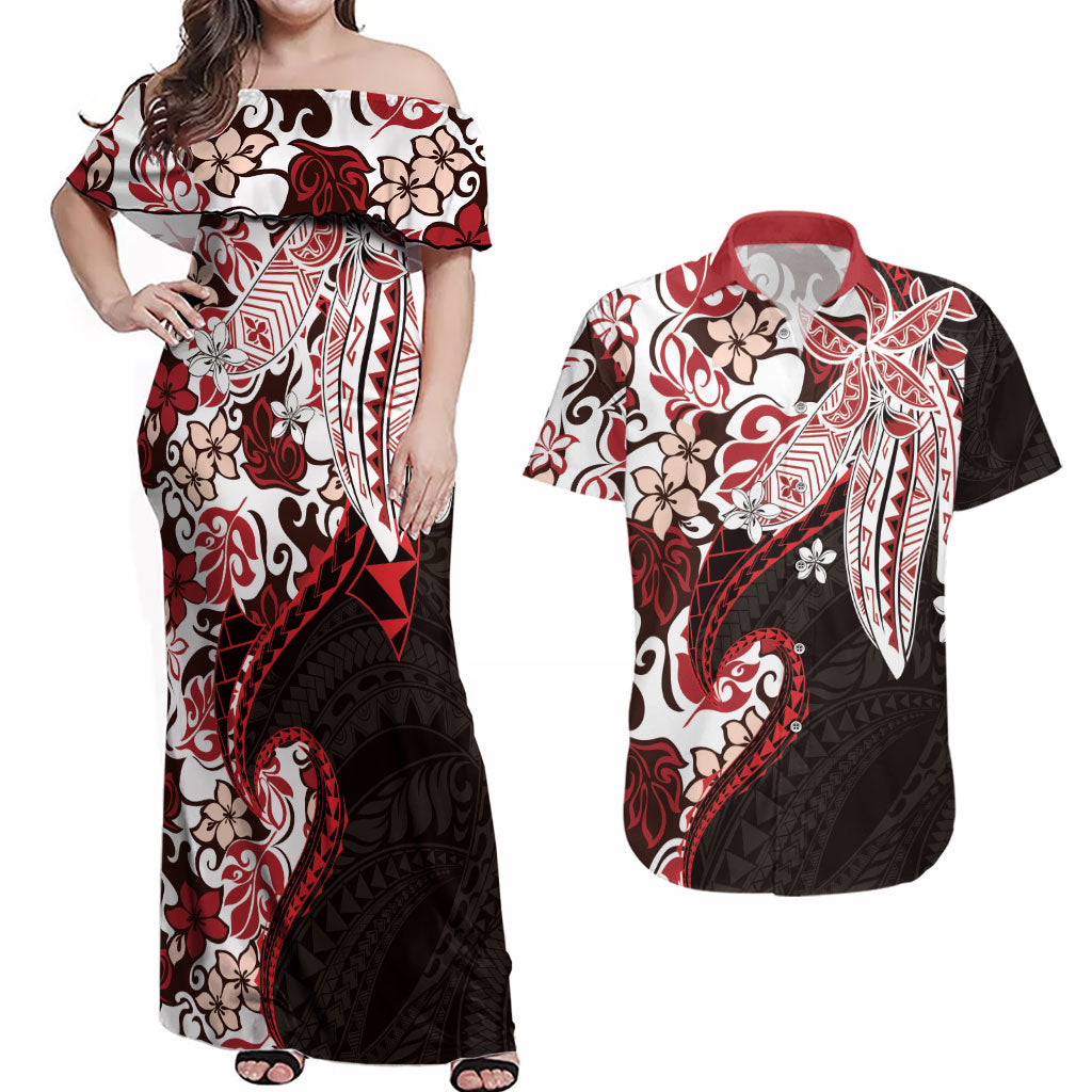 Monstera Plumeria Flowers Red Couples Matching Off Shoulder Maxi Dress and Hawaiian Shirt Polynesian Pattern