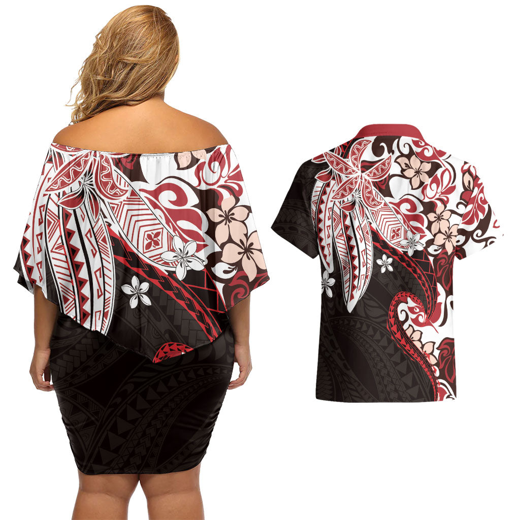 Monstera Plumeria Flowers Red Couples Matching Off Shoulder Short Dress and Hawaiian Shirt Polynesian Pattern