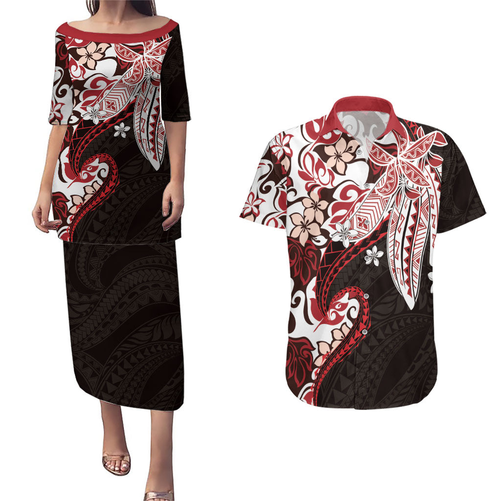 Monstera Plumeria Flowers Red Couples Matching Puletasi and Hawaiian Shirt Polynesian Pattern