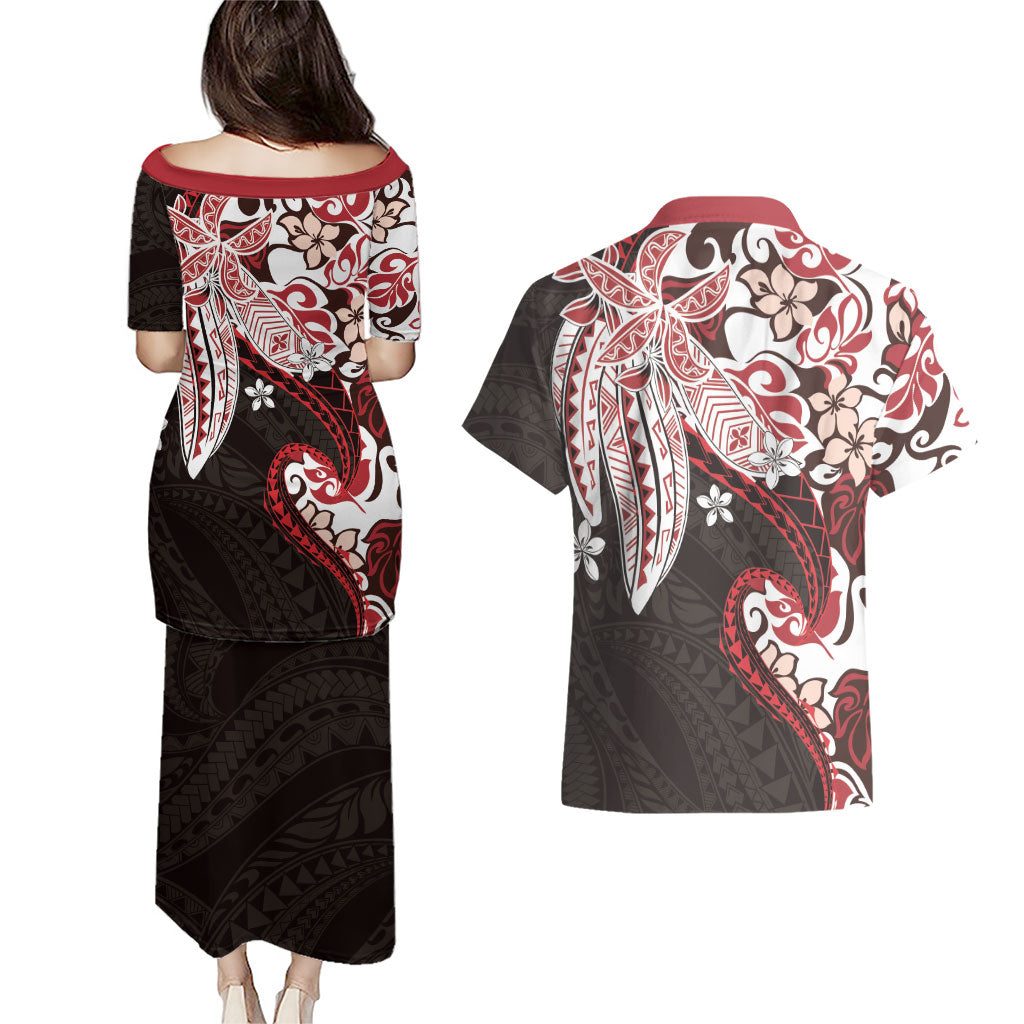 Monstera Plumeria Flowers Red Couples Matching Puletasi and Hawaiian Shirt Polynesian Pattern