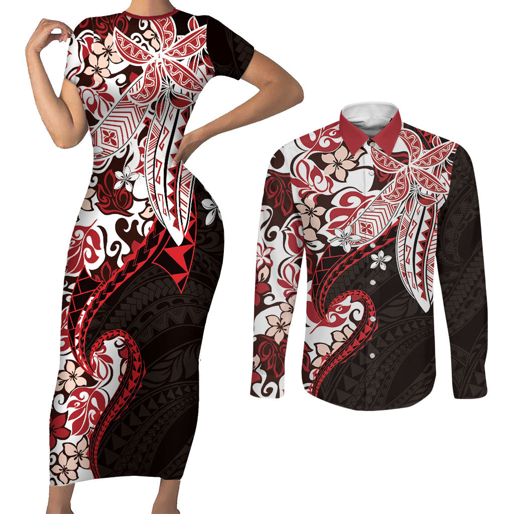 Monstera Plumeria Flowers Red Couples Matching Short Sleeve Bodycon Dress and Long Sleeve Button Shirt Polynesian Pattern