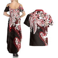 Monstera Plumeria Flowers Red Couples Matching Summer Maxi Dress and Hawaiian Shirt Polynesian Pattern