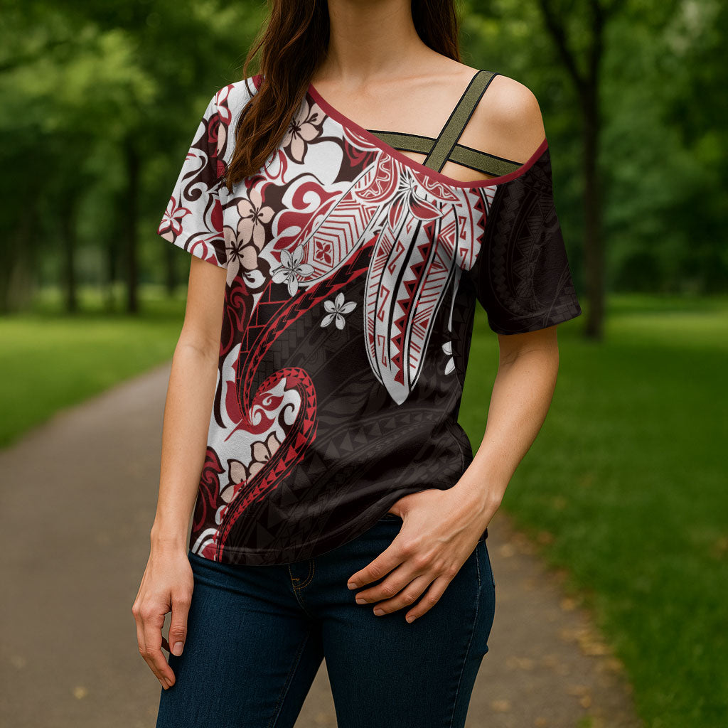 Monstera Plumeria Flowers Red Cross Shoulder Shirt Polynesian Pattern