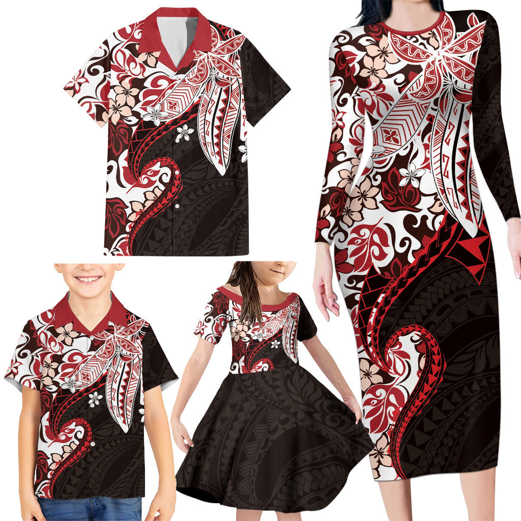Monstera Plumeria Flowers Red Family Matching Long Sleeve Bodycon Dress and Hawaiian Shirt Polynesian Pattern
