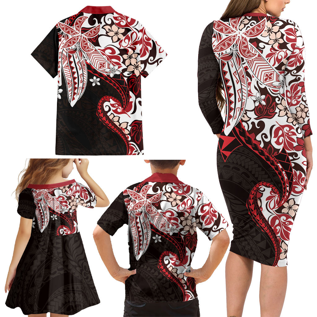 Monstera Plumeria Flowers Red Family Matching Long Sleeve Bodycon Dress and Hawaiian Shirt Polynesian Pattern