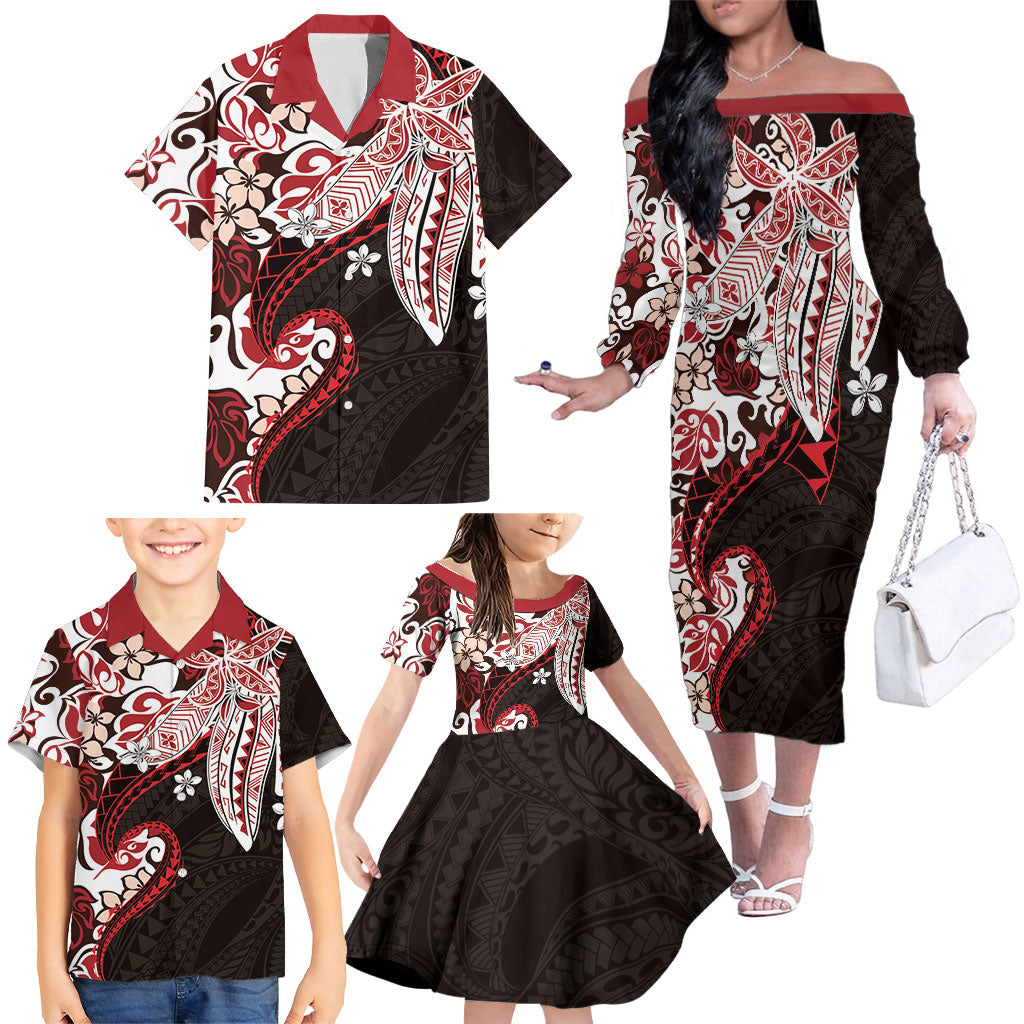Monstera Plumeria Flowers Red Family Matching Off The Shoulder Long Sleeve Dress and Hawaiian Shirt Polynesian Pattern LT01 - Polynesian Pride