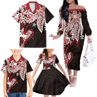 Monstera Plumeria Flowers Red Family Matching Off The Shoulder Long Sleeve Dress and Hawaiian Shirt Polynesian Pattern LT01 - Polynesian Pride