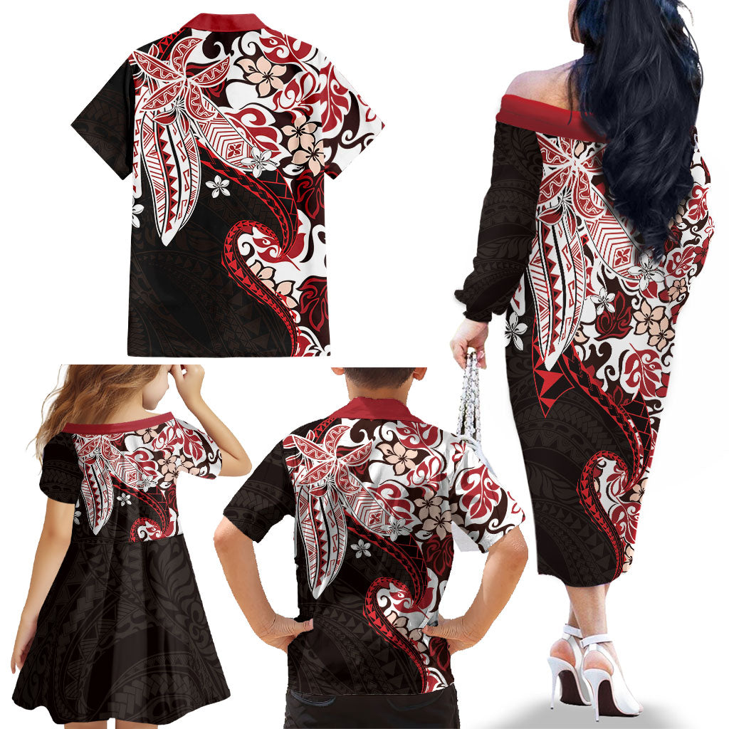 Monstera Plumeria Flowers Red Family Matching Off The Shoulder Long Sleeve Dress and Hawaiian Shirt Polynesian Pattern LT01 - Polynesian Pride