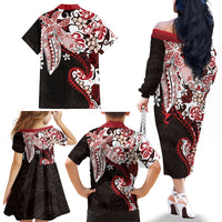 Monstera Plumeria Flowers Red Family Matching Off The Shoulder Long Sleeve Dress and Hawaiian Shirt Polynesian Pattern LT01 - Polynesian Pride