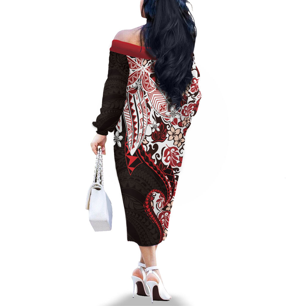 Monstera Plumeria Flowers Red Family Matching Off The Shoulder Long Sleeve Dress and Hawaiian Shirt Polynesian Pattern LT01 - Polynesian Pride