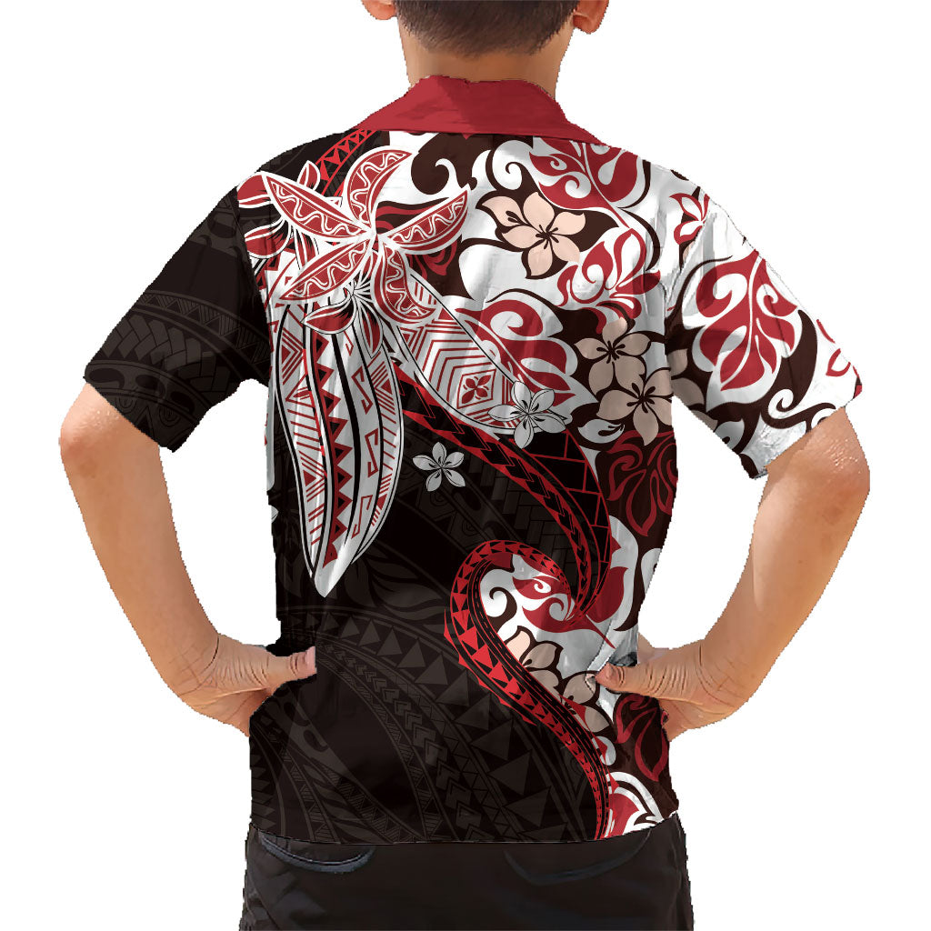 Monstera Plumeria Flowers Red Family Matching Off Shoulder Maxi Dress and Hawaiian Shirt Polynesian Pattern LT01 - Polynesian Pride
