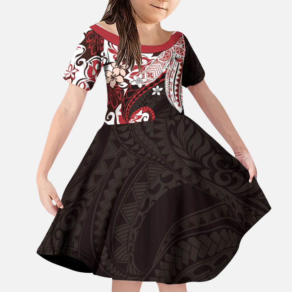 Monstera Plumeria Flowers Red Family Matching Off Shoulder Maxi Dress and Hawaiian Shirt Polynesian Pattern LT01 Daughter's Dress Red - Polynesian Pride