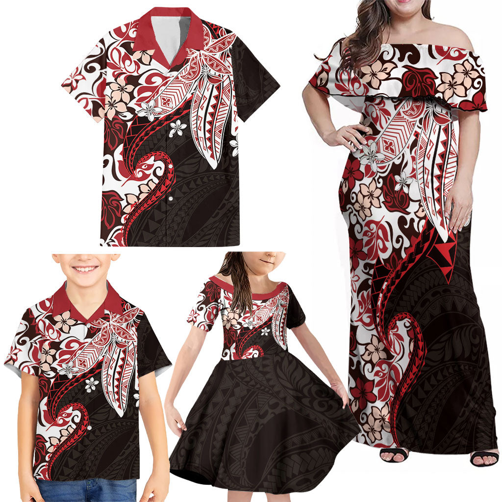 Monstera Plumeria Flowers Red Family Matching Off Shoulder Maxi Dress and Hawaiian Shirt Polynesian Pattern LT01 - Polynesian Pride