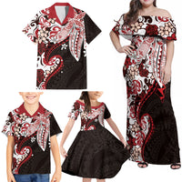Monstera Plumeria Flowers Red Family Matching Off Shoulder Maxi Dress and Hawaiian Shirt Polynesian Pattern LT01 - Polynesian Pride