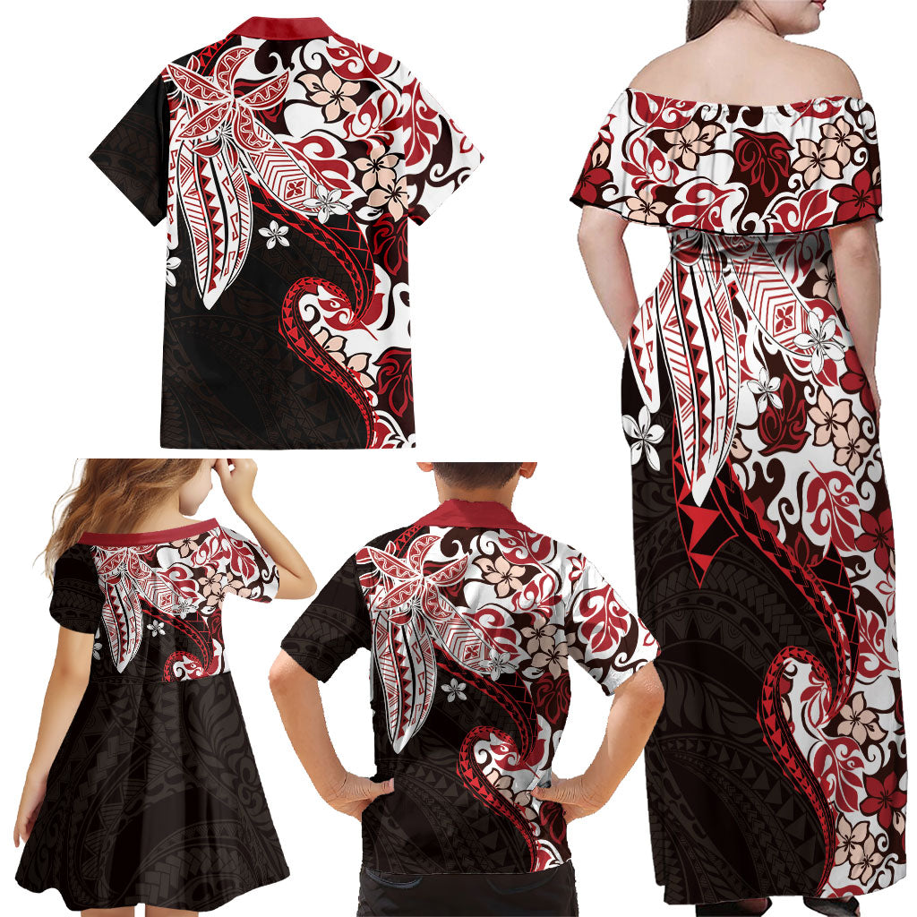 Monstera Plumeria Flowers Red Family Matching Off Shoulder Maxi Dress and Hawaiian Shirt Polynesian Pattern LT01 - Polynesian Pride