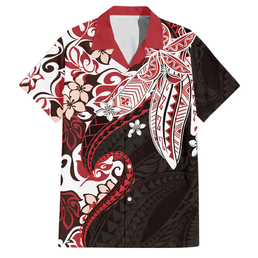 Monstera Plumeria Flowers Red Family Matching Off Shoulder Maxi Dress and Hawaiian Shirt Polynesian Pattern LT01 Dad's Shirt - Short Sleeve Red - Polynesian Pride