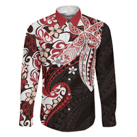 Monstera Plumeria Flowers Red Family Matching Off Shoulder Maxi Dress and Hawaiian Shirt Polynesian Pattern LT01 Dad's Shirt - Long Sleeve Red - Polynesian Pride