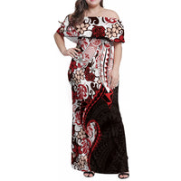 Monstera Plumeria Flowers Red Family Matching Off Shoulder Maxi Dress and Hawaiian Shirt Polynesian Pattern LT01 Mom's Dress Red - Polynesian Pride
