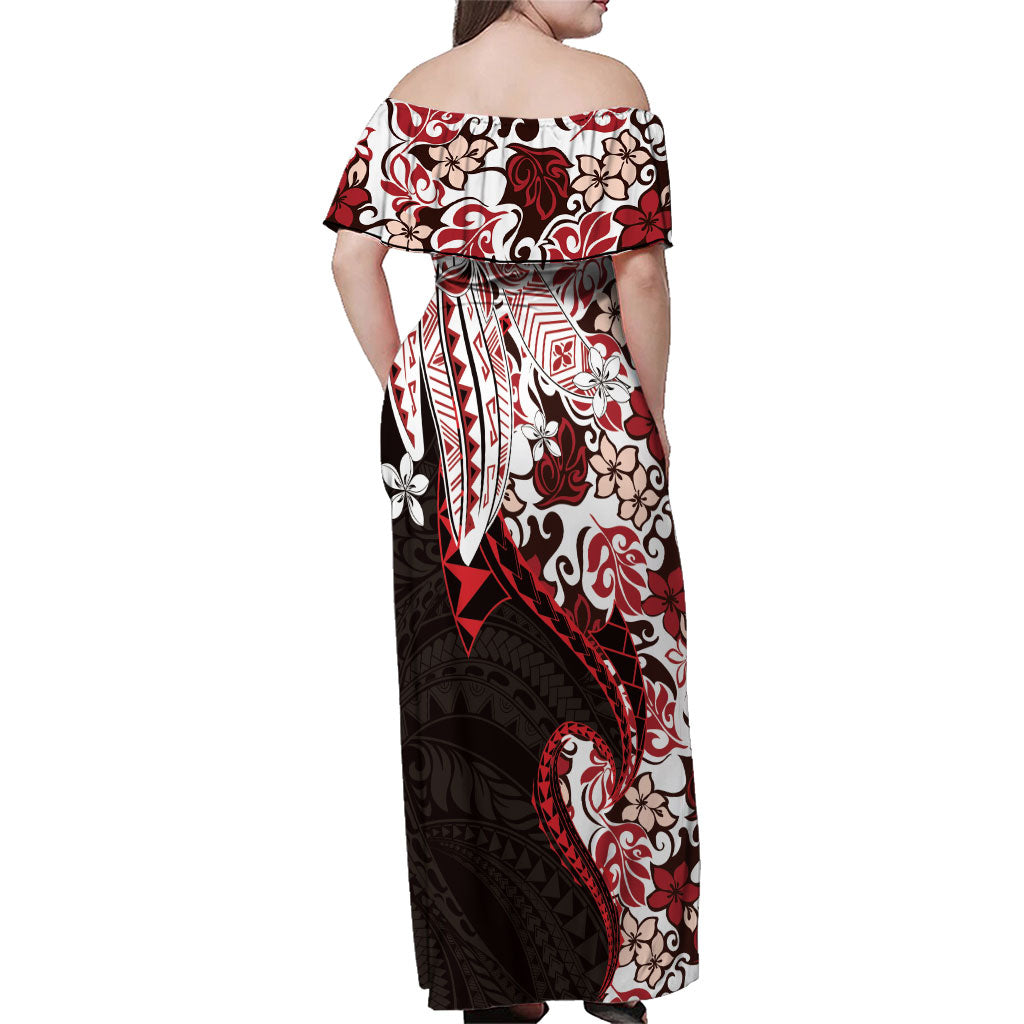 Monstera Plumeria Flowers Red Family Matching Off Shoulder Maxi Dress and Hawaiian Shirt Polynesian Pattern LT01 - Polynesian Pride