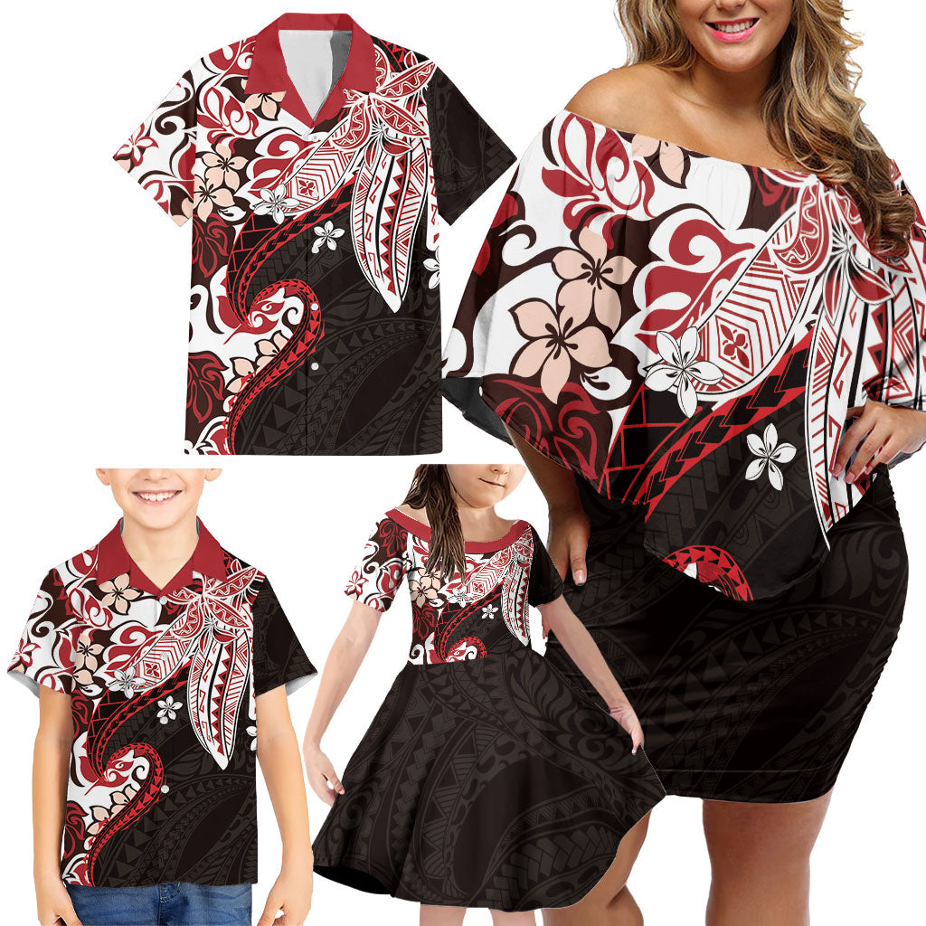 Monstera Plumeria Flowers Red Family Matching Off Shoulder Short Dress and Hawaiian Shirt Polynesian Pattern LT01 - Polynesian Pride