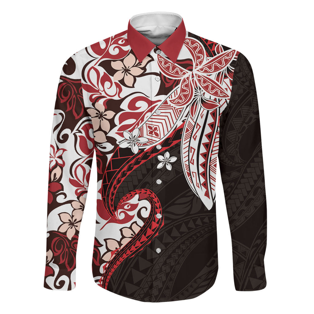 Monstera Plumeria Flowers Red Family Matching Off Shoulder Short Dress and Hawaiian Shirt Polynesian Pattern LT01 Dad's Shirt - Long Sleeve Red - Polynesian Pride