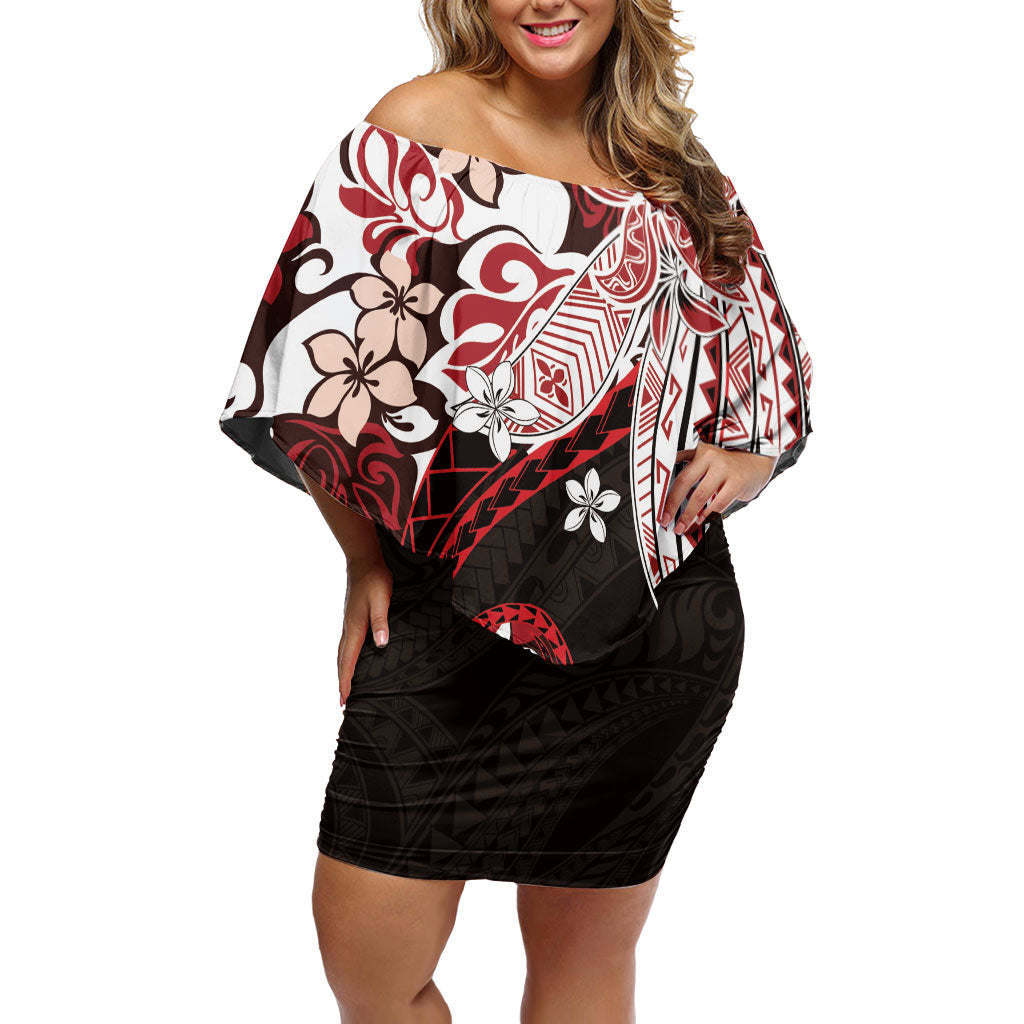 Monstera Plumeria Flowers Red Family Matching Off Shoulder Short Dress and Hawaiian Shirt Polynesian Pattern LT01 Mom's Dress Red - Polynesian Pride