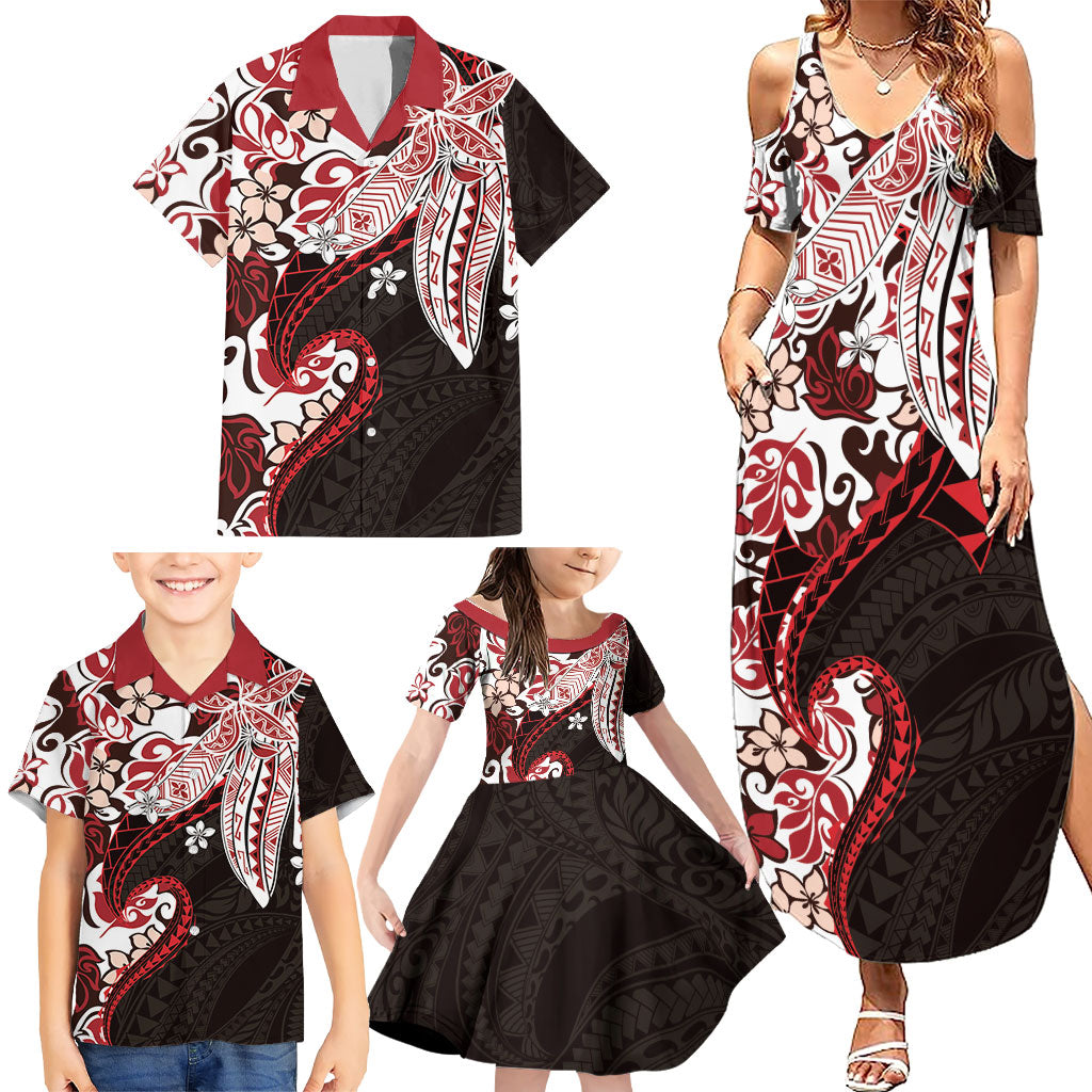 Monstera Plumeria Flowers Red Family Matching Summer Maxi Dress and Hawaiian Shirt Polynesian Pattern