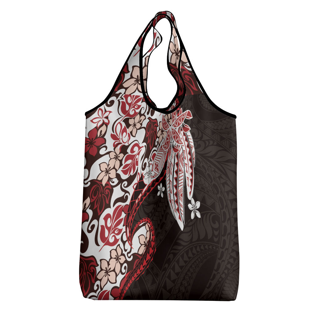 Monstera Plumeria Flowers Red Grocery Bag Polynesian Pattern