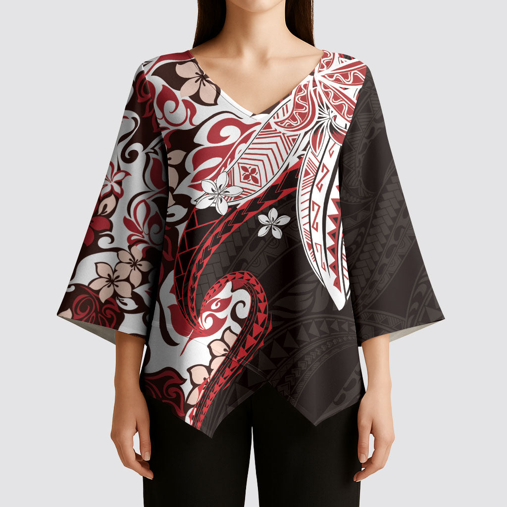 Monstera Plumeria Flowers Red Kimono Sleeve Blouse Polynesian Pattern