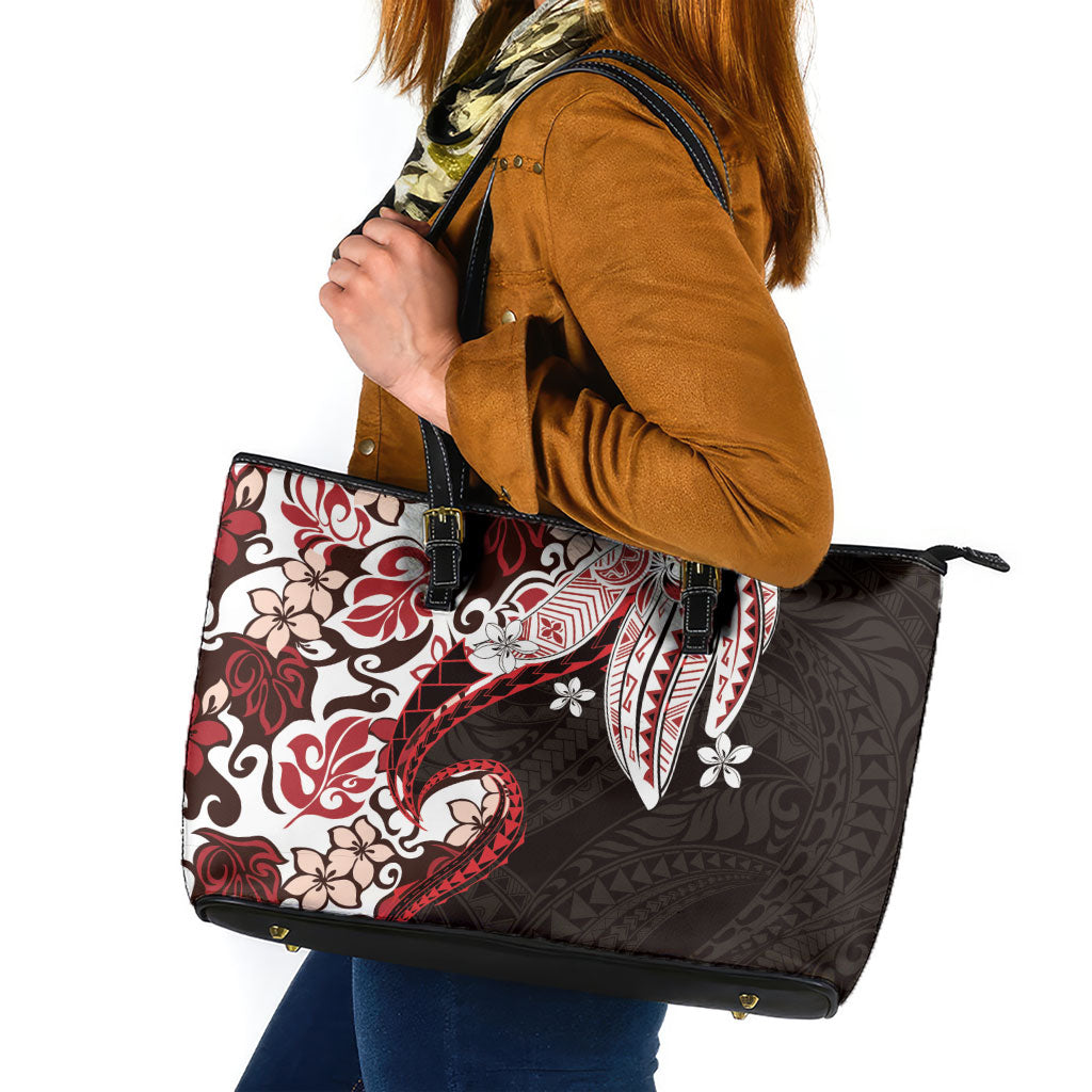 Monstera Plumeria Flowers Red Leather Tote Bag Polynesian Pattern