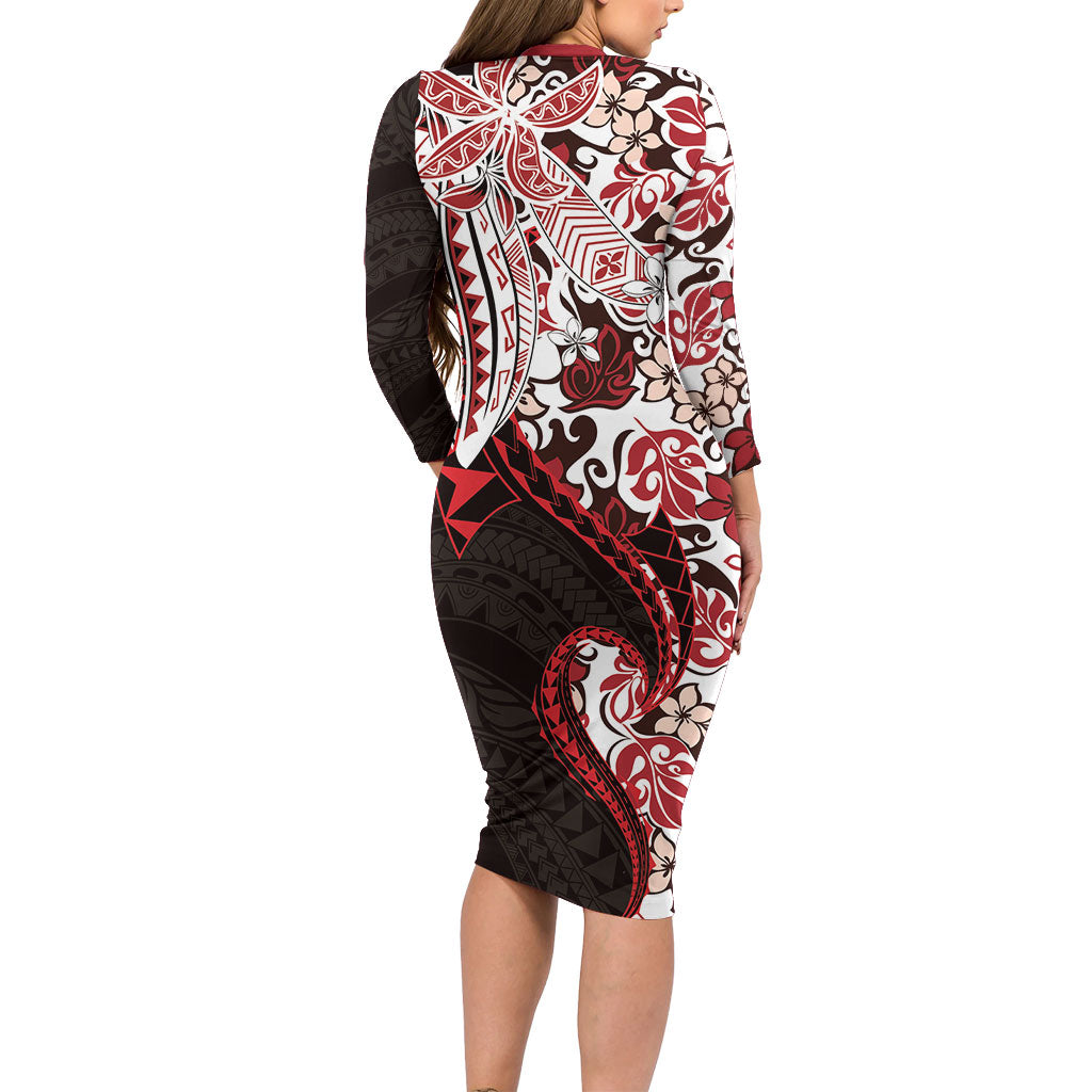 Monstera Plumeria Flowers Red Long Sleeve Bodycon Dress Polynesian Pattern