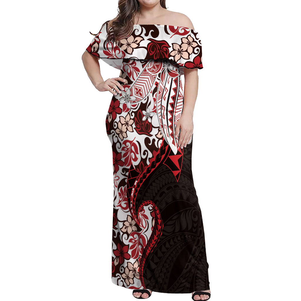 Monstera Plumeria Flowers Red Off Shoulder Maxi Dress Polynesian Pattern