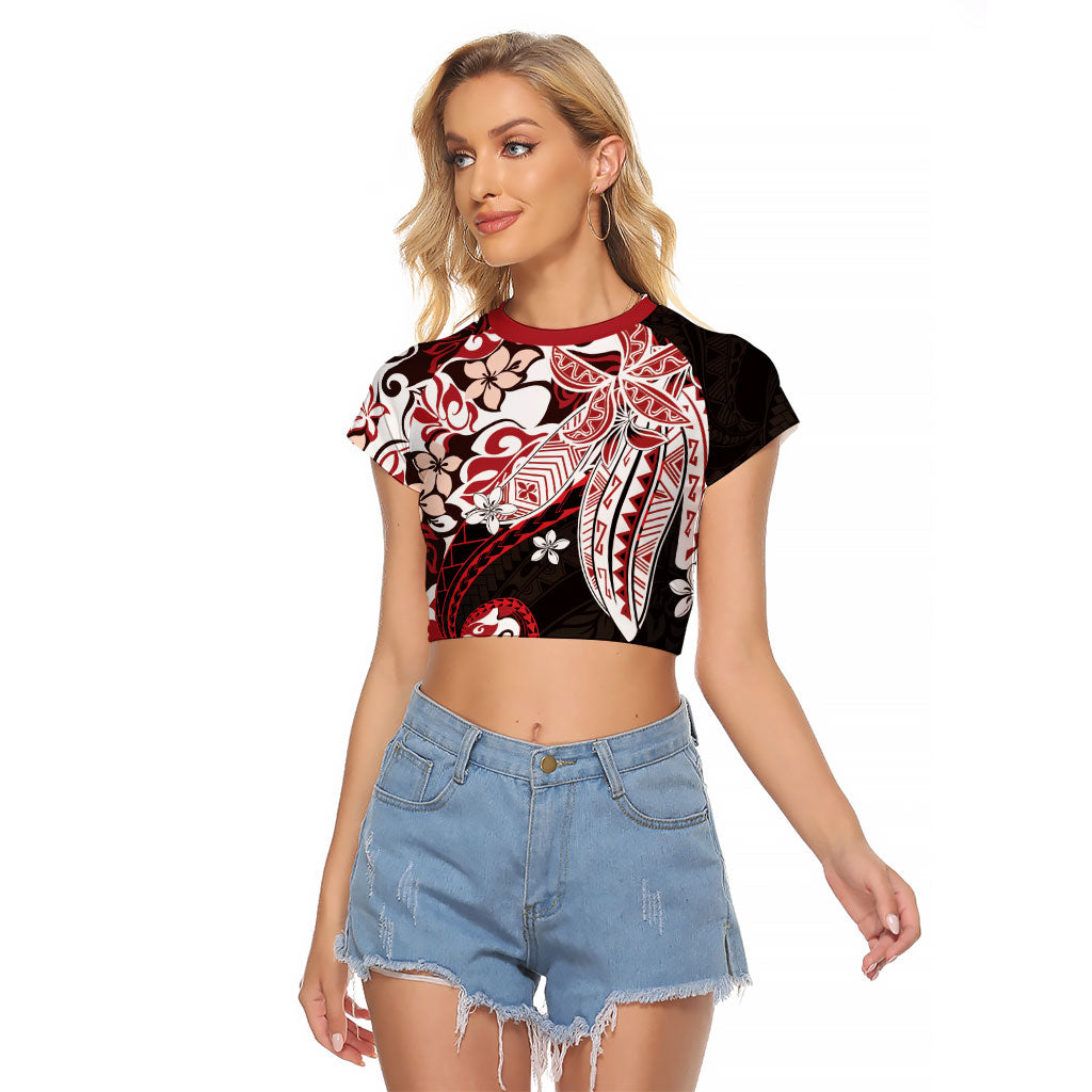 Monstera Plumeria Flowers Red Raglan Cropped T Shirt Polynesian Pattern