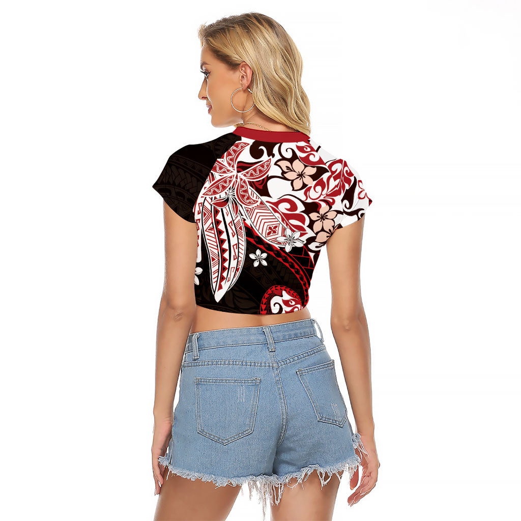 Monstera Plumeria Flowers Red Raglan Cropped T Shirt Polynesian Pattern