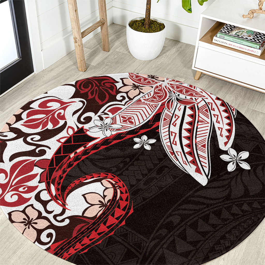 Monstera Plumeria Flowers Red Round Carpet Polynesian Pattern