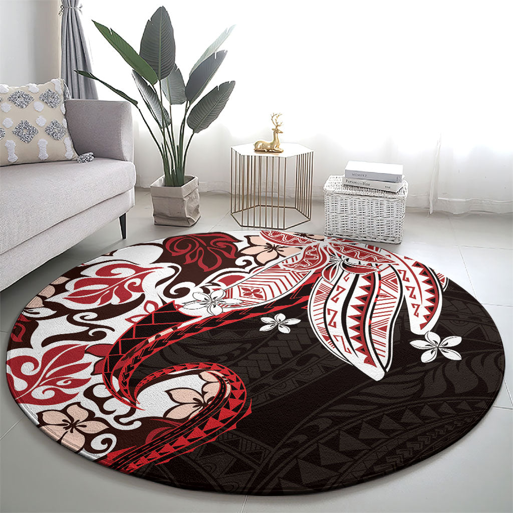 Monstera Plumeria Flowers Red Round Carpet Polynesian Pattern