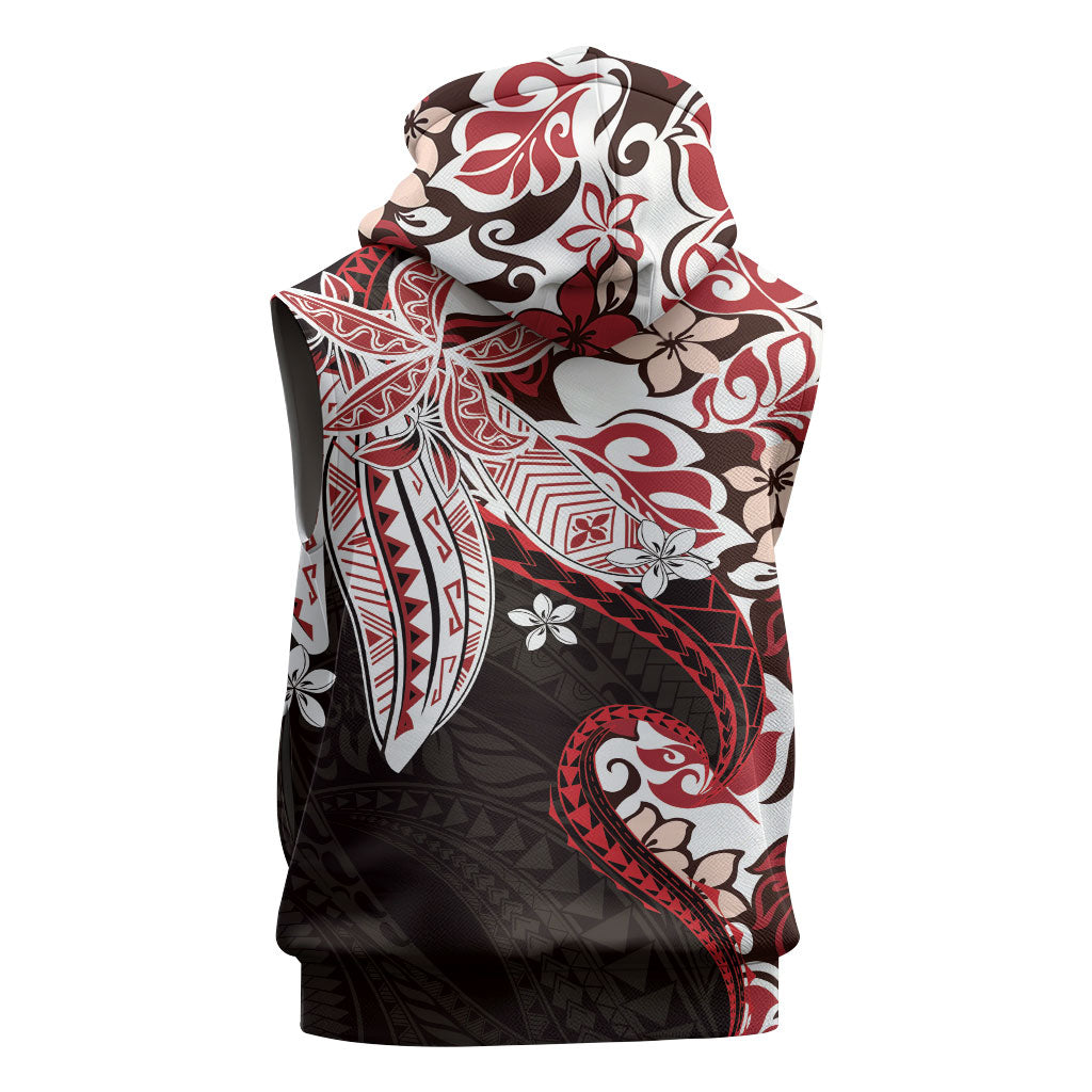 Monstera Plumeria Flowers Red Sleeveless Zip Hoodie Polynesian Pattern