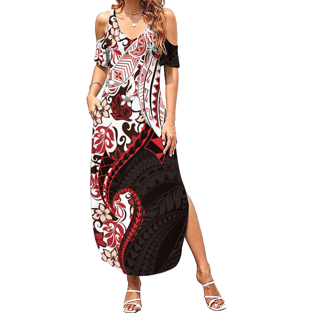 Monstera Plumeria Flowers Red Summer Maxi Dress Polynesian Pattern