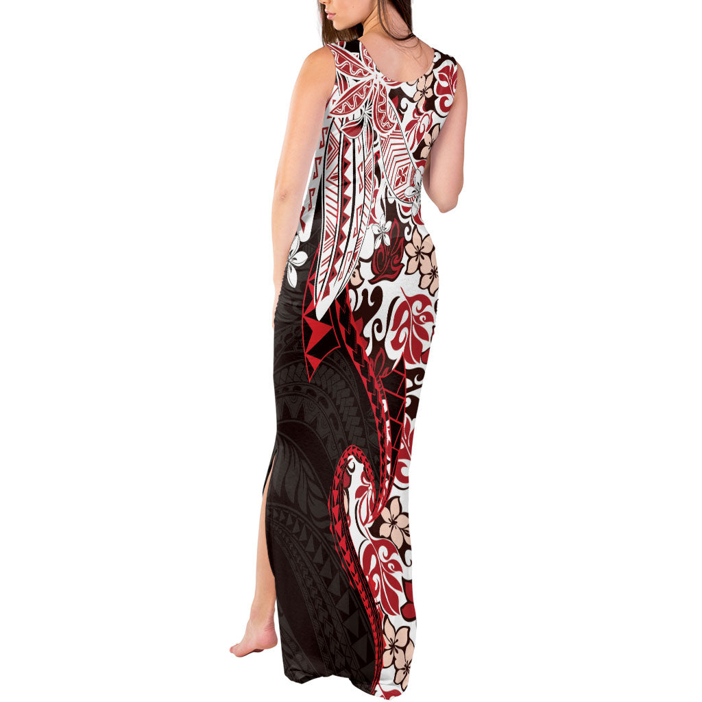 Monstera Plumeria Flowers Red Tank Maxi Dress Polynesian Pattern