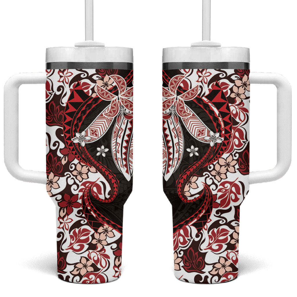 Monstera Plumeria Flowers Red Tumbler With Handle Polynesian Pattern