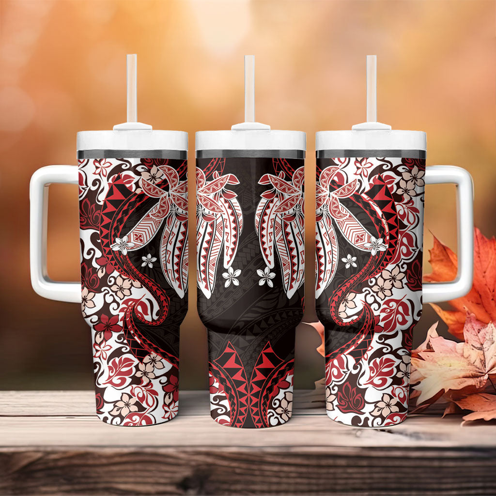 Monstera Plumeria Flowers Red Tumbler With Handle Polynesian Pattern LT01 - Polynesian Pride