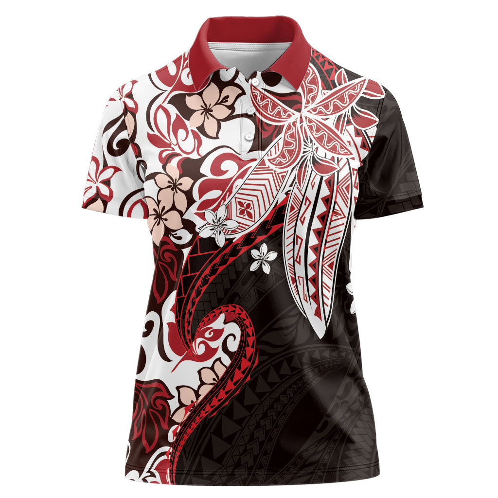 Monstera Plumeria Flowers Red Women Polo Shirt Polynesian Pattern